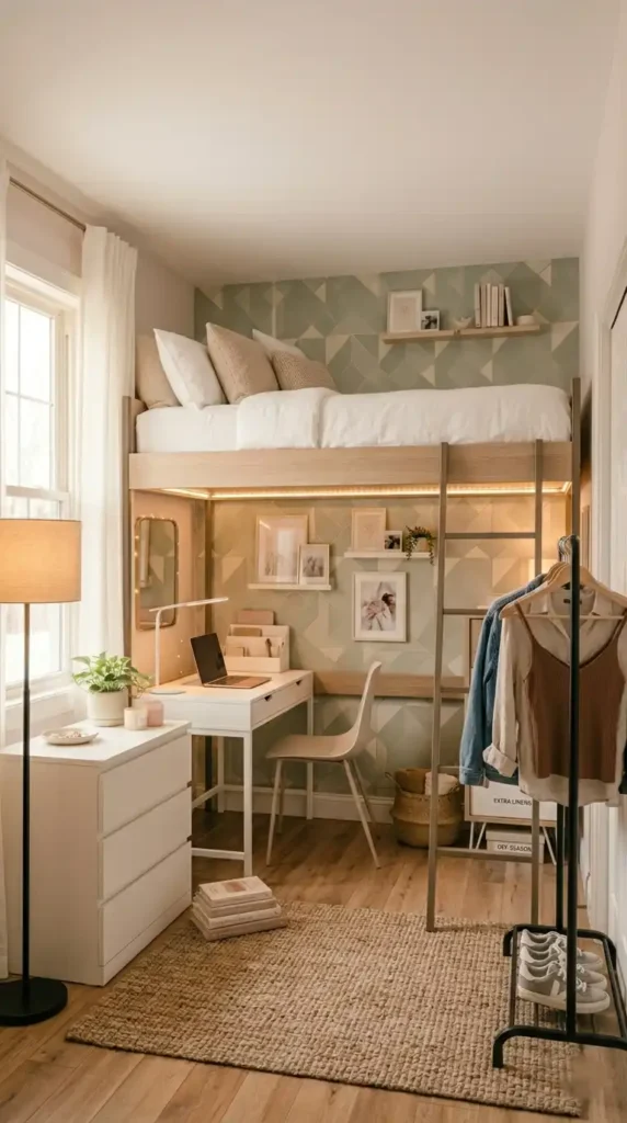 Small apartment bedroom decor maximizing space with removable wallpaper clothing rack and smart storage