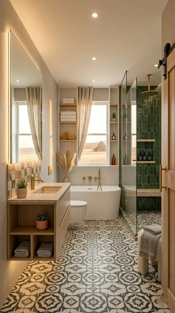 Bathroom remodel tile ideas with encaustic floor tiles, green subway shower tiles, and zellige accents