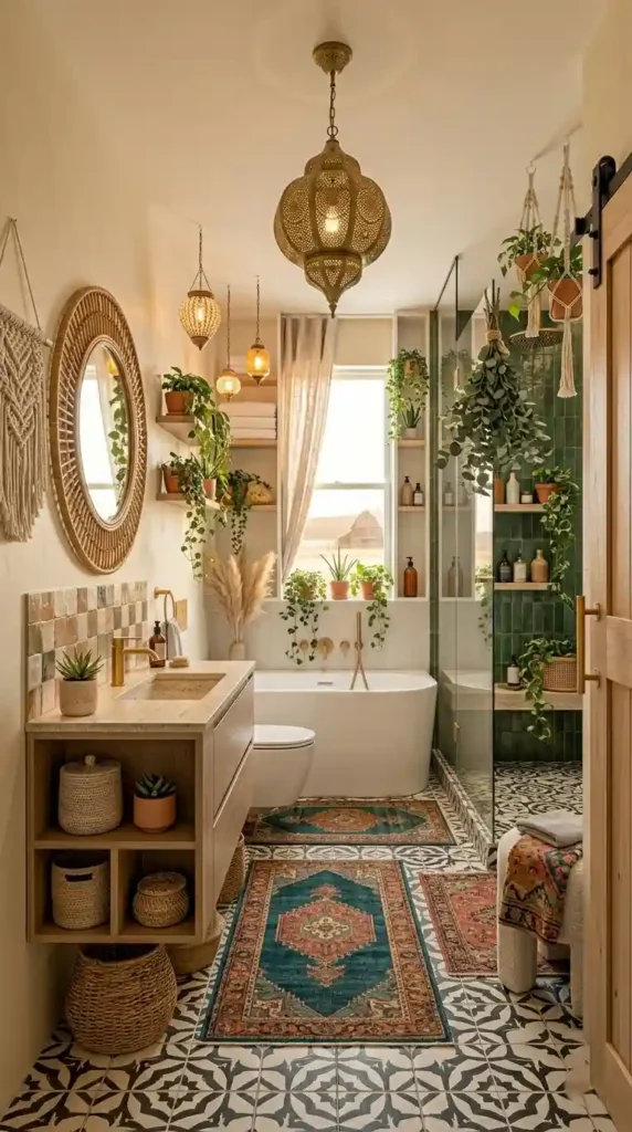 Boho bathroom remodel ideas with rattan mirror, Moroccan tiles, and lush plant styling