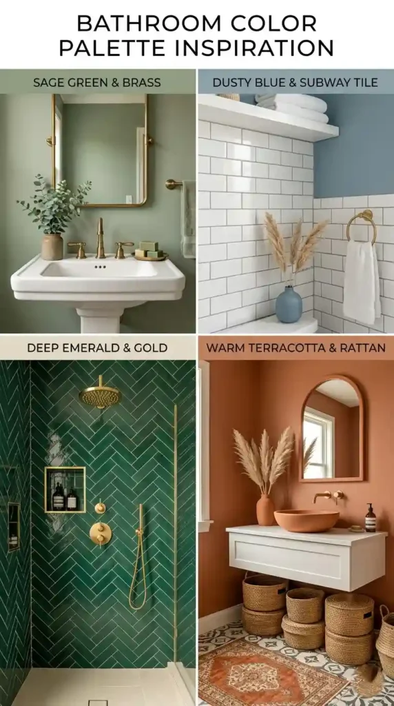 Bathroom remodel color scheme ideas including sage green, dusty blue, emerald, and terracotta
