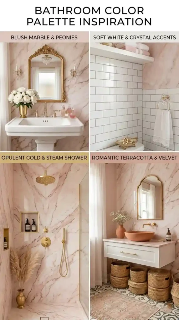 Elegant bathroom remodel ideas for women with marble, champagne gold, and blush pink styling