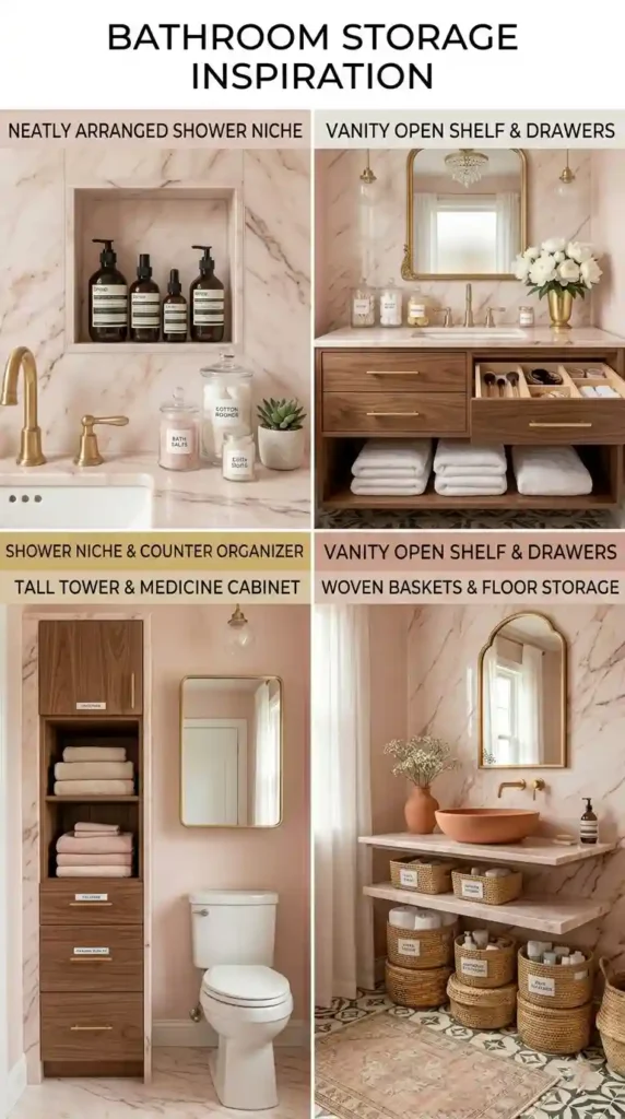 Bathroom remodel storage ideas with built-in shower niche, floating vanity drawers, and linen tower