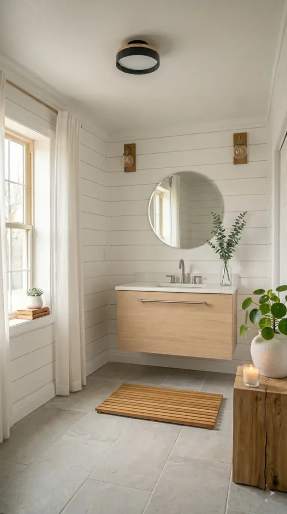 Scandinavian bathroom remodel ideas with white walls, oak vanity, and natural minimalist styling