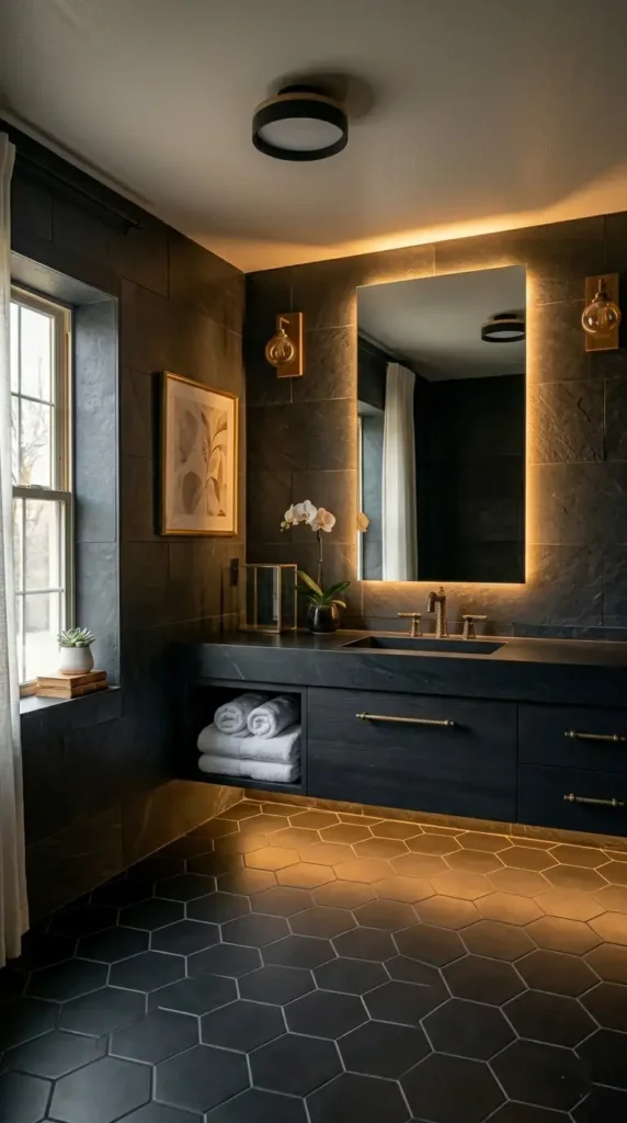 Dark and moody bathroom remodel ideas with charcoal tiles, brass fixtures, and backlit mirror