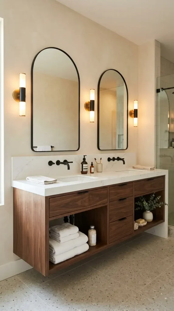 Bathroom remodel vanity ideas with floating walnut double vanity, quartz countertop, and arched mirrors