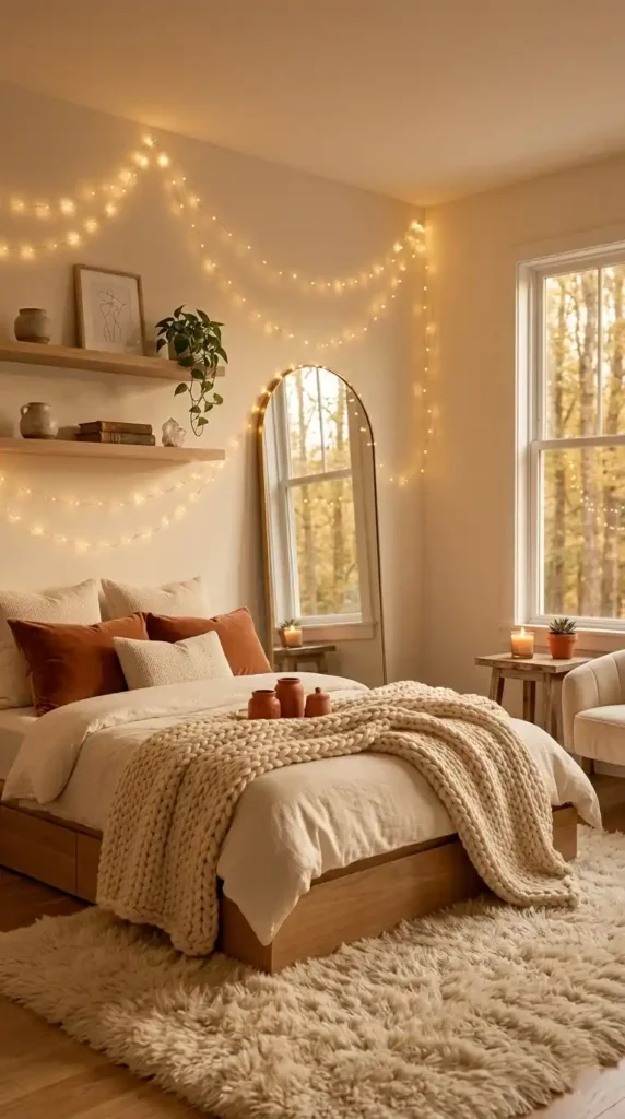 
Cozy small bedroom ideas with warm lighting layered bedding and dreamy ambience