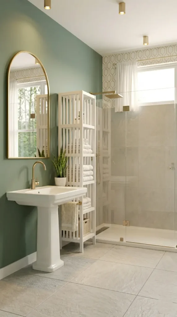 Budget bathroom remodel ideas that look high-end with green paint and gold hardware