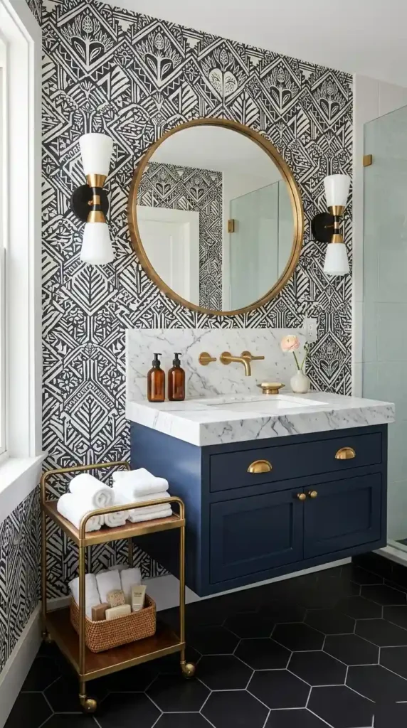 Guest bathroom remodel ideas with bold wallpaper, navy vanity, and hotel-style towel styling