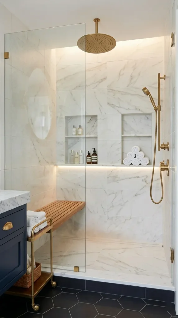 Bathroom remodel shower ideas with rain shower head, marble tiles, teak bench, and spa atmosphere
