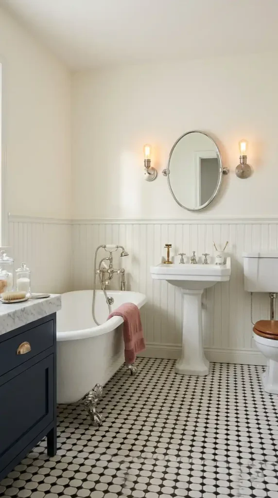 Vintage bathroom remodel ideas with clawfoot tub, hex tiles, pedestal sink, and beadboard walls