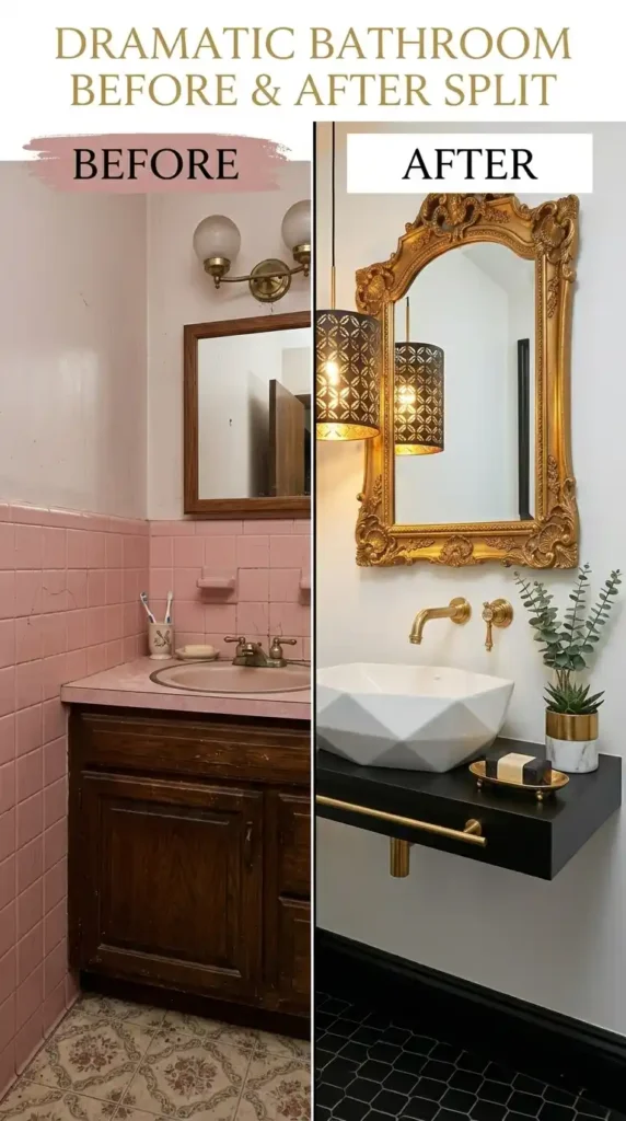 Before and after bathroom remodel ideas showing dramatic transformation from outdated to modern beautiful space