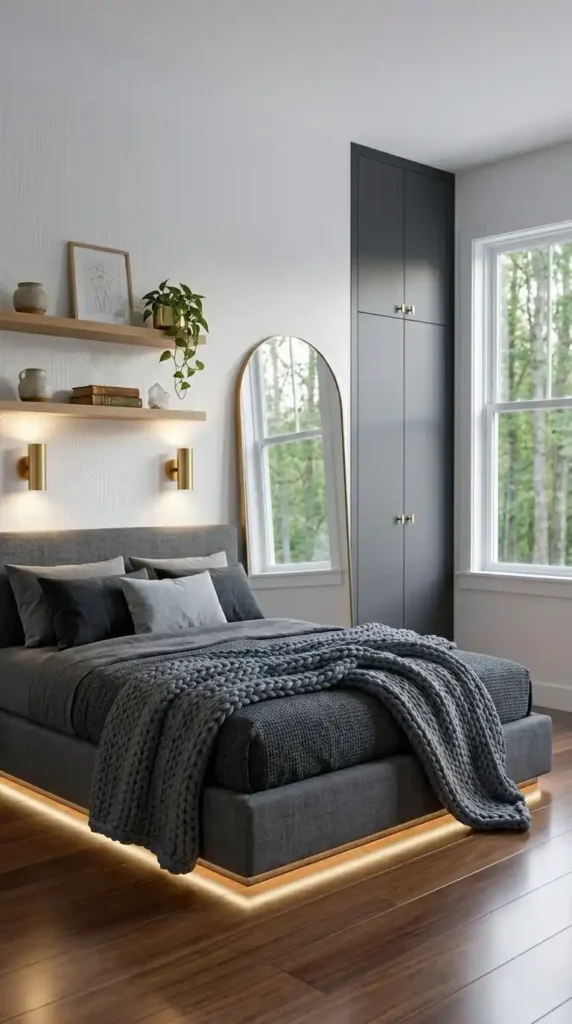 Modern small bedroom design with platform bed sleek built-ins and gold accents