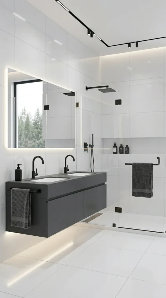 Modern bathroom remodel ideas with floating vanity, matte black fixtures, and rainfall shower
