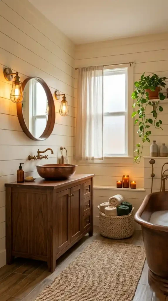Cozy bathroom remodel inspiration with wood tones, shiplap walls, and clawfoot tub