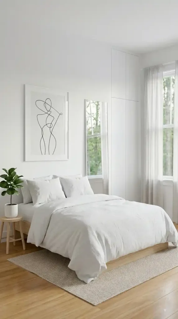 Minimalist small bedroom with white walls clean surfaces and natural light for a calm space