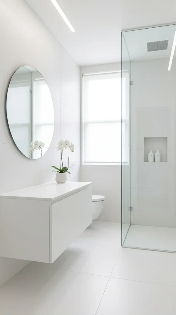 Minimalist bathroom remodel ideas with white floating vanity, clean lines, and zero clutter