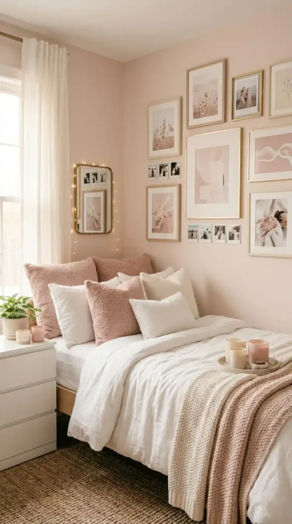Aesthetic small bedroom decor ideas with gallery wall fairy lights and Pinterest-worthy styling