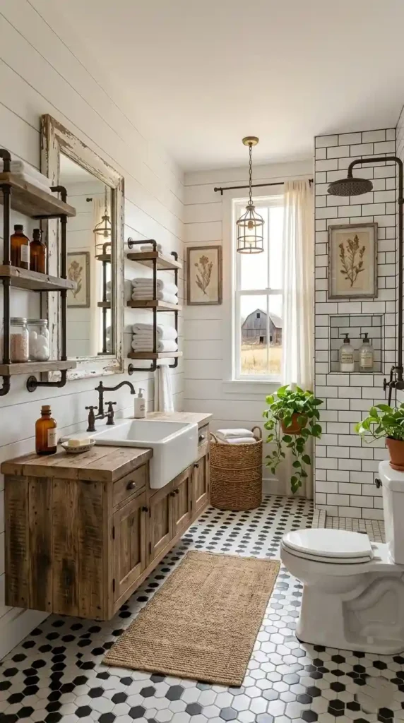 Farmhouse bathroom remodel ideas with shiplap walls, reclaimed wood vanity, and bronze fixtures