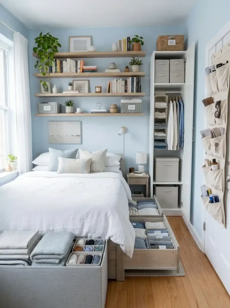Small bedroom color ideas in pale blue and white to make the space feel bigger and brighter