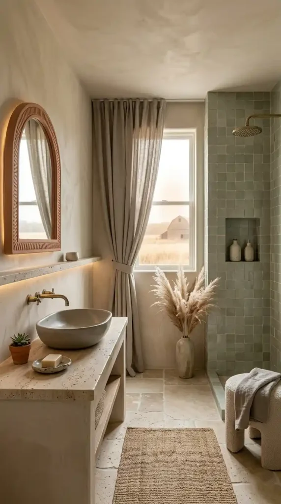 Aesthetic bathroom remodel ideas with limewash walls, zellige tiles, and earthy Pinterest style