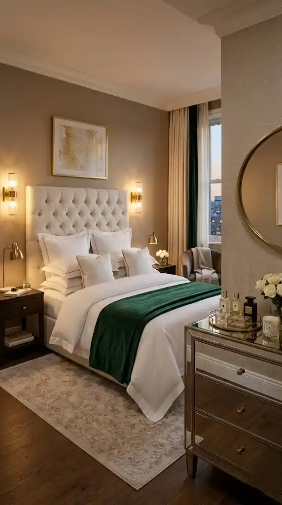 Luxury small bedroom design with hotel-style bedding tufted headboard and gold sconces