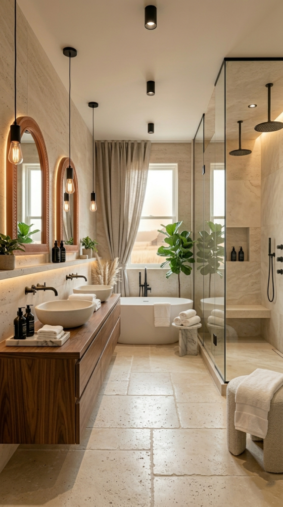 Master bathroom remodel ideas with double vanity, soaking tub, and walk-in rain shower