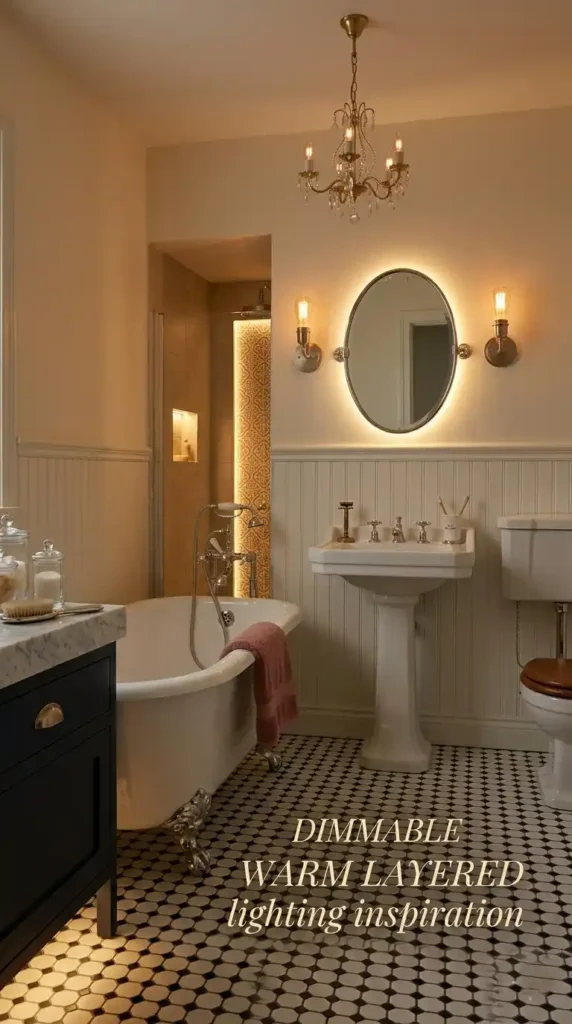 Bathroom remodel lighting ideas with backlit mirror, vanity sconces, LED strips, and layered warm lighting