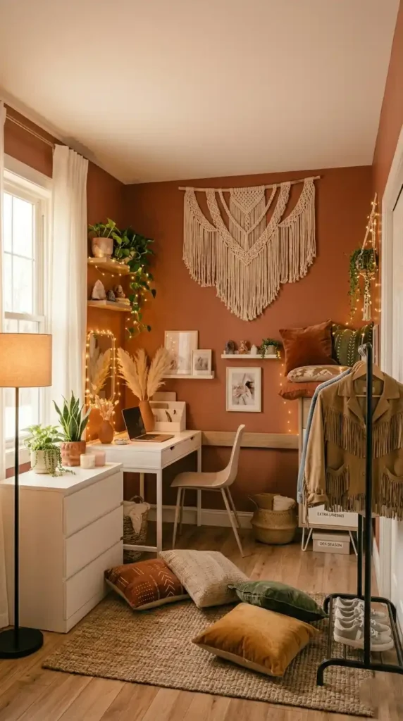 Boho small bedroom with macramé wall hanging rattan mirror plants and earthy warm tones