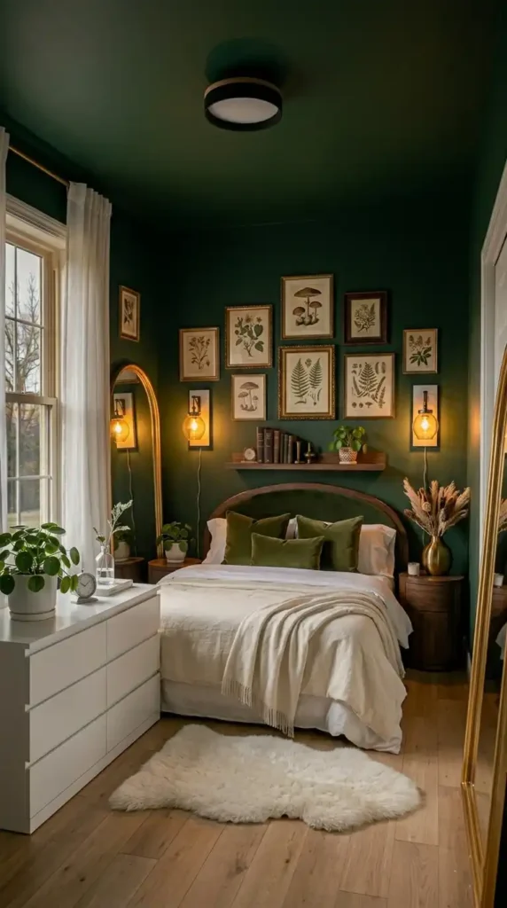 Dark moody small bedroom with forest green walls brass sconces white bedding and velvet accents