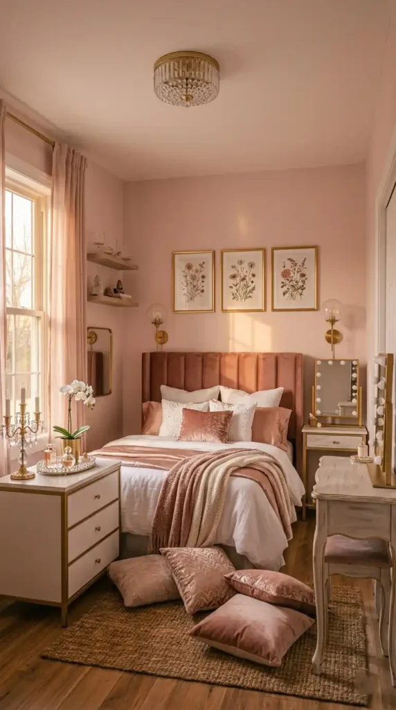 Elegant small bedroom ideas for women with blush velvet headboard vanity table and gold accents
