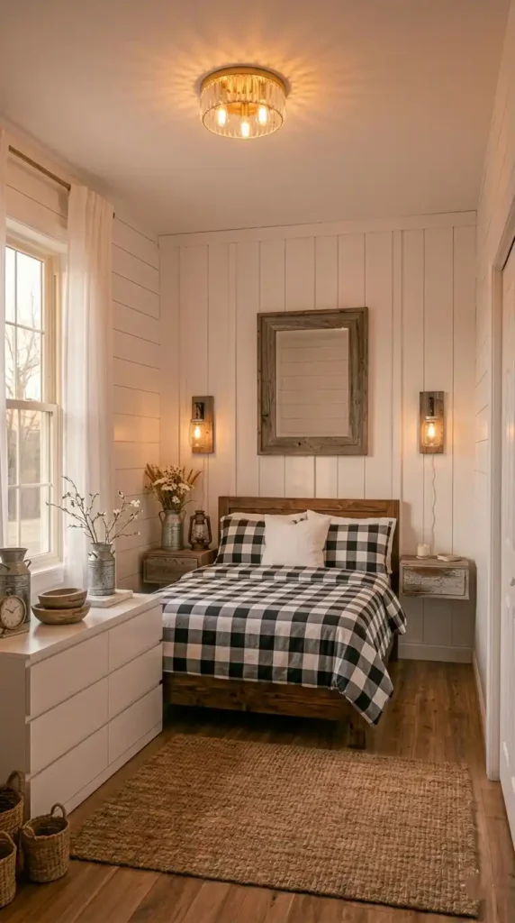 Farmhouse small bedroom with shiplap wall buffalo check bedding and rustic wood accents
