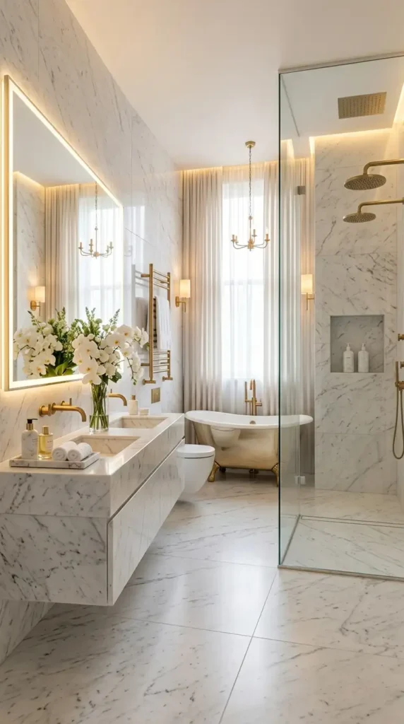 Luxury bathroom remodel ideas with marble, freestanding tub, and spa-like shower