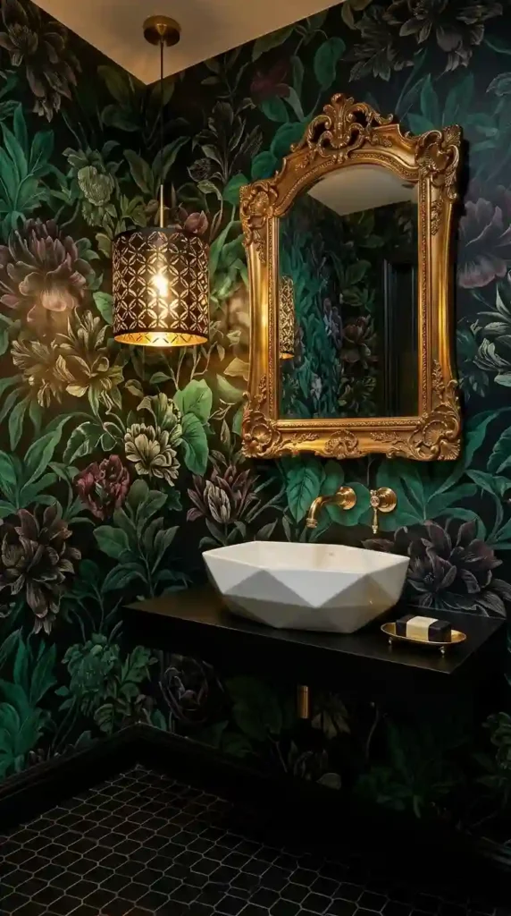 Half bathroom remodel ideas with bold wallpaper, vessel sink, and statement mirror for powder room