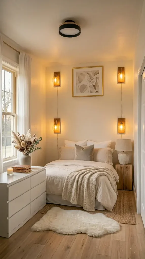 Neutral small bedroom decor in cream ivory and warm beige with linen bedding jute rug and wood accents