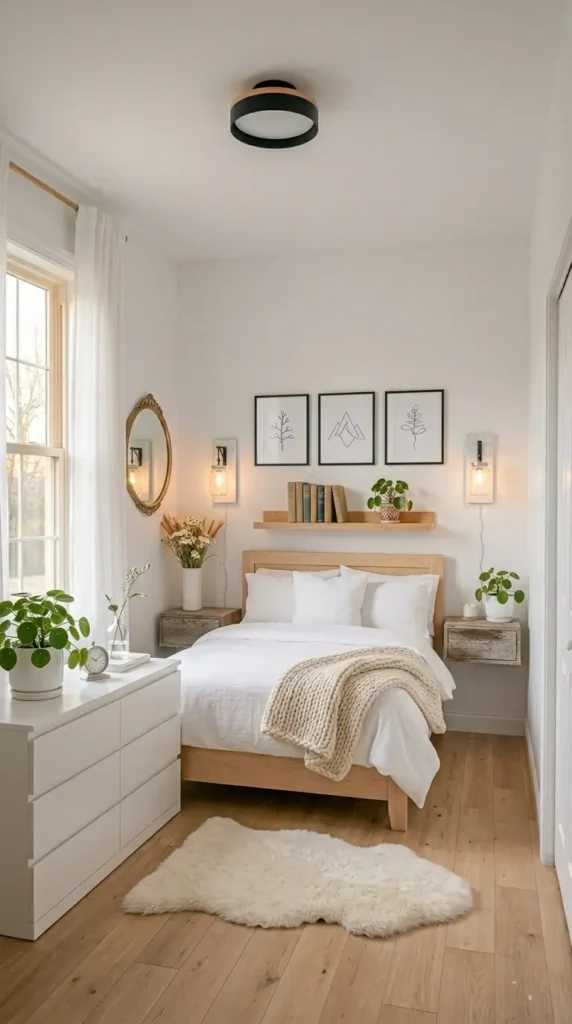 Scandinavian small bedroom with white walls birch wood bed frame sheepskin rug and minimal decor