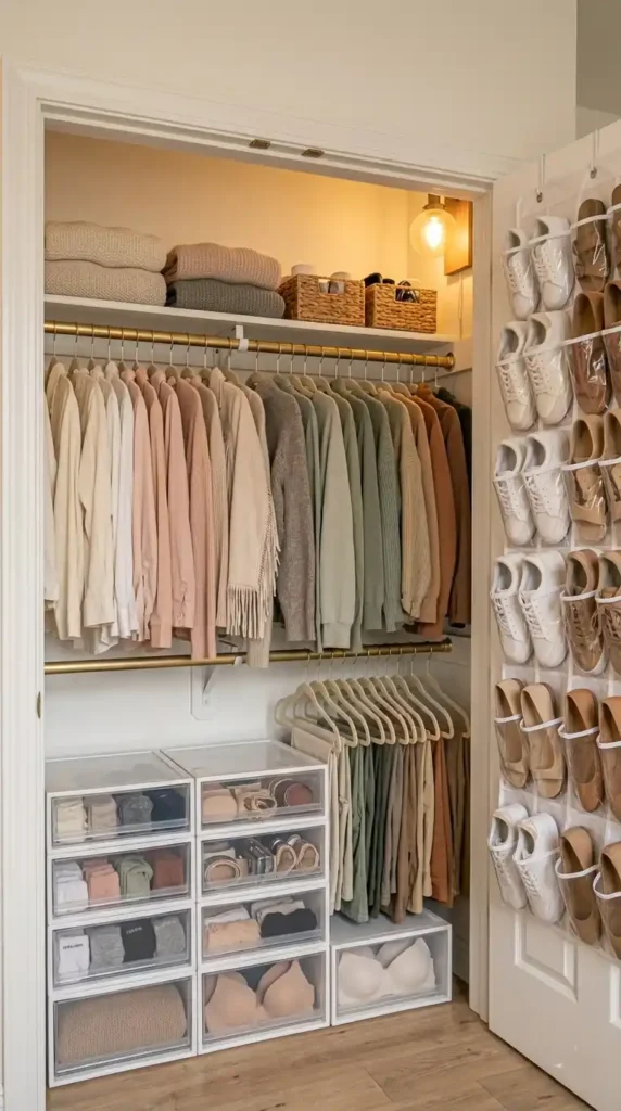 Small bedroom closet organization ideas with double hanging rod velvet hangers and clear drawer organizers