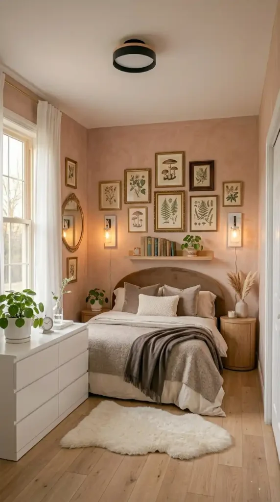 Small bedroom decor trends with arched headboard limewash walls terracotta tones and gallery wall
