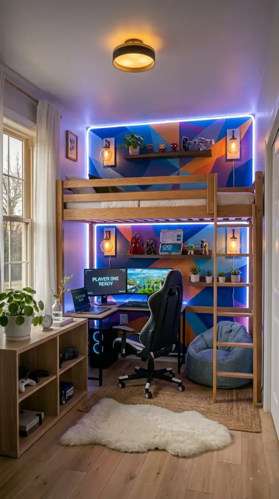 Teen small bedroom ideas with loft bed LED lights gaming desk and bold accent wall