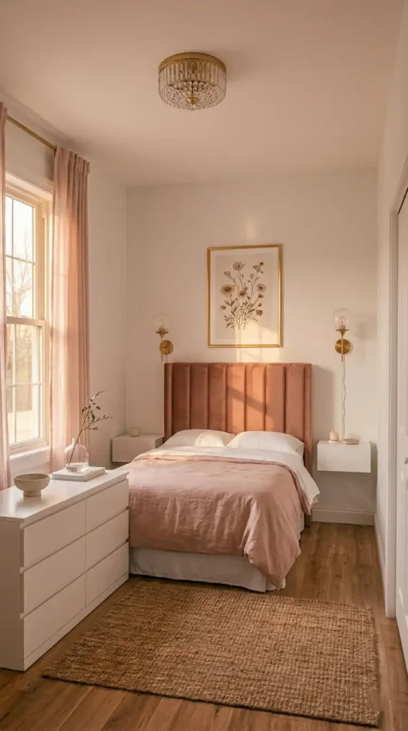 Small bedroom layout ideas with bed on longest wall clear pathways and open floor space