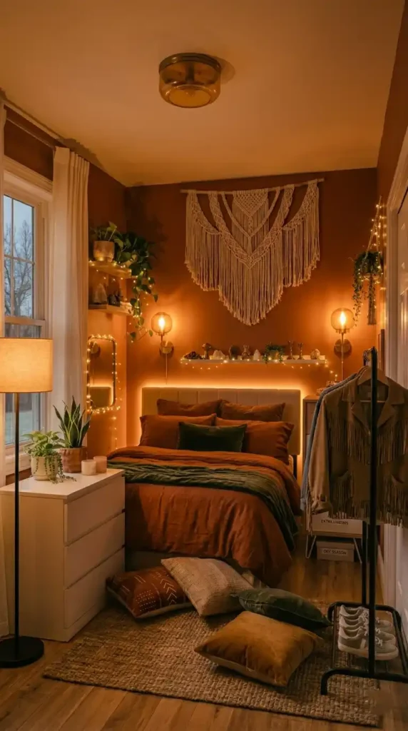 Small bedroom lighting ideas with wall sconces LED strips and fairy lights for perfect ambience