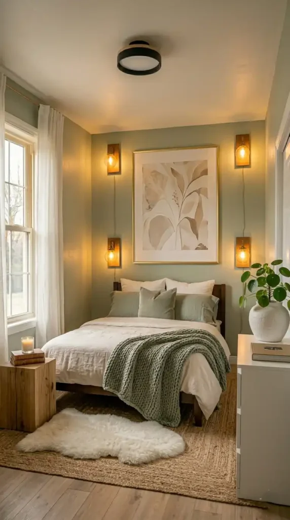 Small bedroom makeover transformation with sage green paint new bedding layered lighting and art print