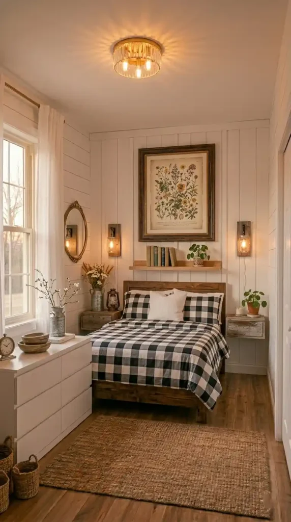 Small bedroom wall decor ideas with oversized art print floating shelf and decorative mirror