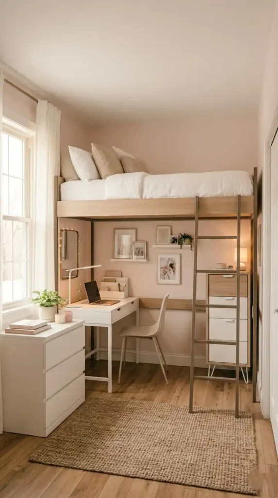 Space-saving small bedroom furniture ideas including loft bed slim dresser and nesting tables