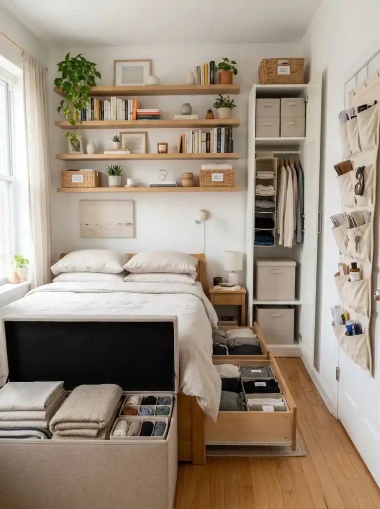 Smart storage solutions for small bedroom including under-bed drawers floating shelves and ottomans
