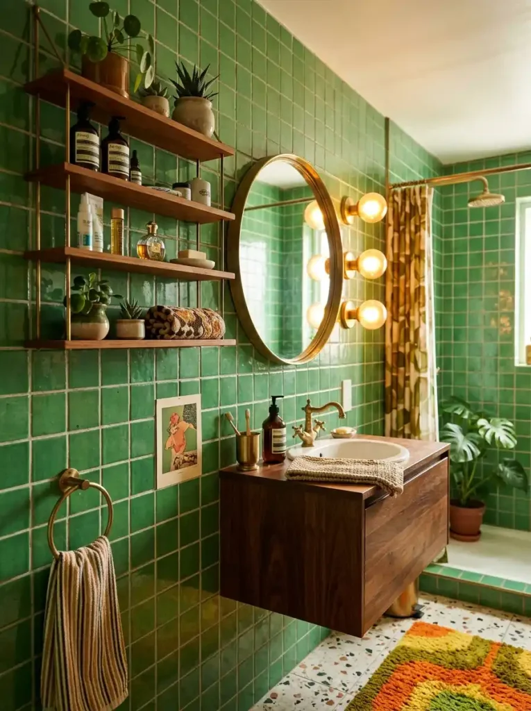 Funky Bathroom Ideas with green retro tiles