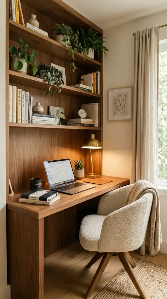 Workspace within chic apartment featuring wooden desk, shelves, and warm lighting
