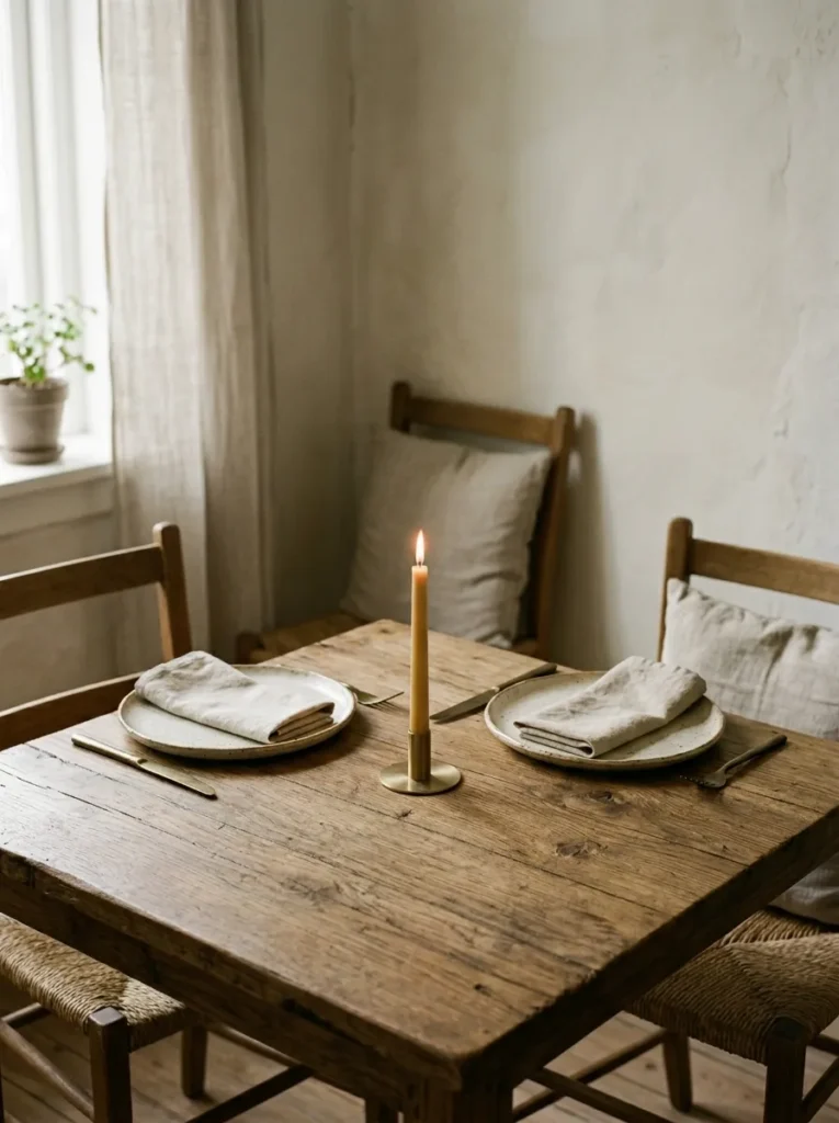 A minimal, clutter-free dining table setting that fosters a slow living experience.