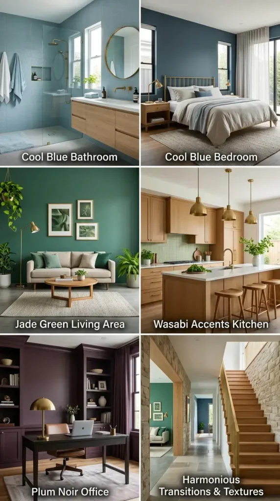A contemporary home using color schemes from 2026: cool blue, jade, plum noir, and wasabi