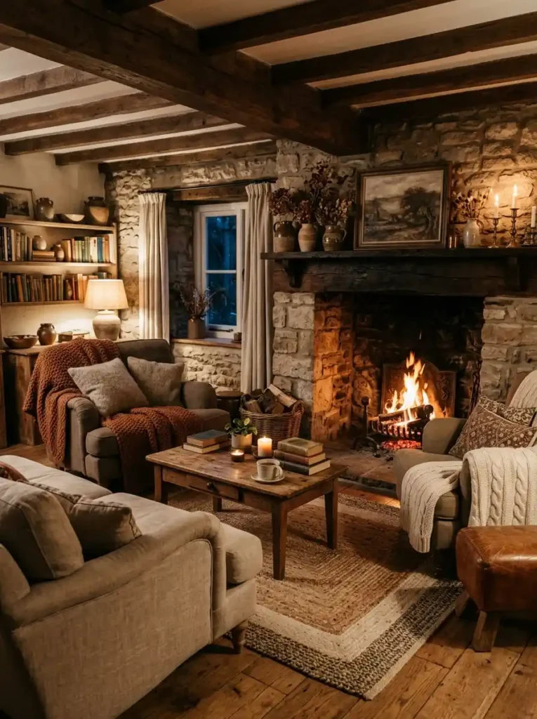 Earthy Cottage Living Room with fireplace and cozy seating
