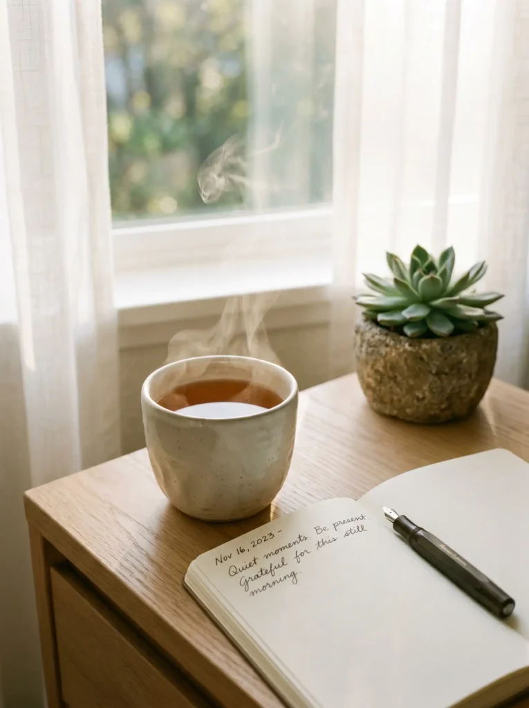A quiet morning tea and notebook setup, perfect for a mindful slow living routine.